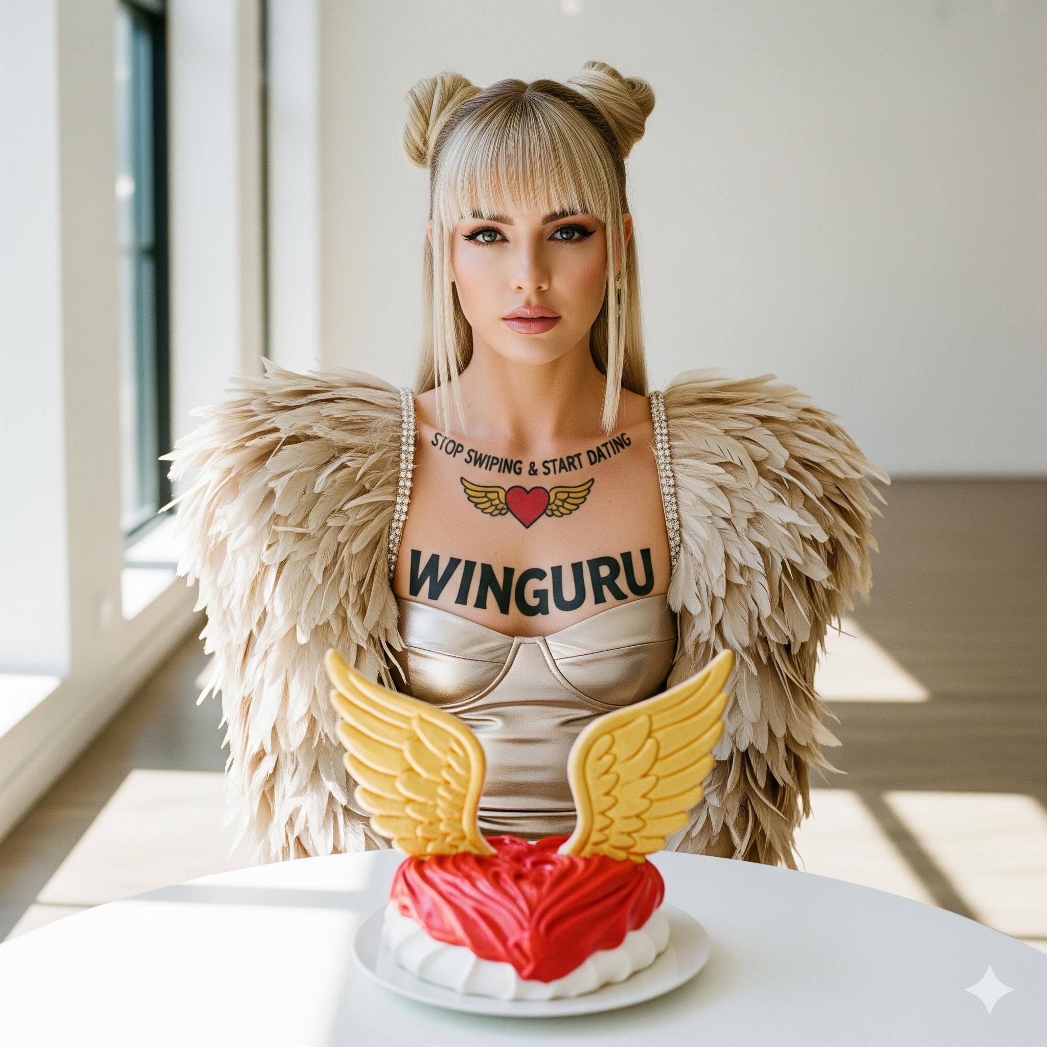 WinGuru brand ambassador at Brandenburg Gate - confident young woman in signature gold dress with elaborate wing shoulder details and WinGuru brand tattoo